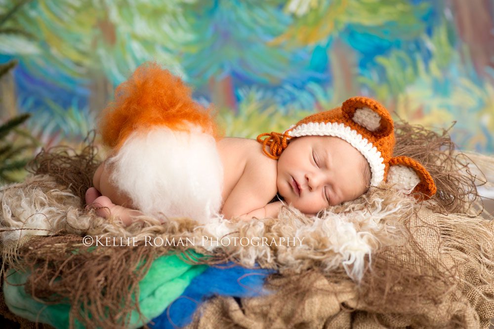 Little Newborn Fox close up baby boy laying on fabrics wearing fox bonnet and tail