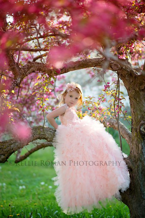 in full bloom girl wearing pink ballgown sitting in flowering crabapple tree with dark pink flowers 