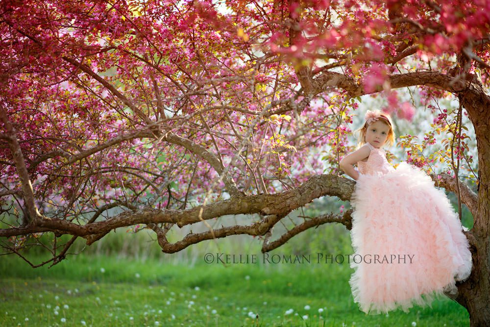 in full bloom girl sitting on branch of dark pink flowering tree and green grass outside in park