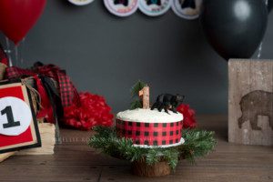 lumber jack cake smash a cake with pine tree branches around it and a number one candle on top red and black balloons are in the backdrop