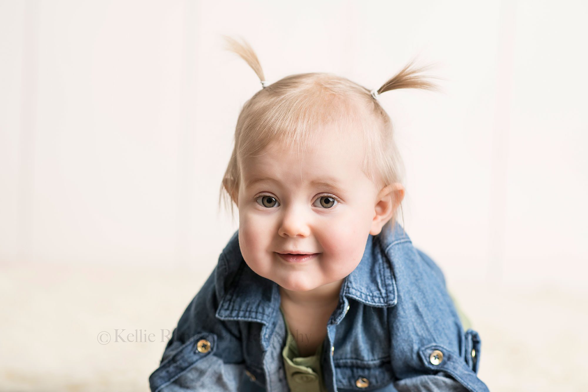 floral milestone session a one year old girl from kenosha in a photographers studio in Milwaukee Wisconsin She is wearing a denim shirt with buttons and a green dress. one year old is in front of a cream backdrop she has pigtails and the photo is a close up of her face
