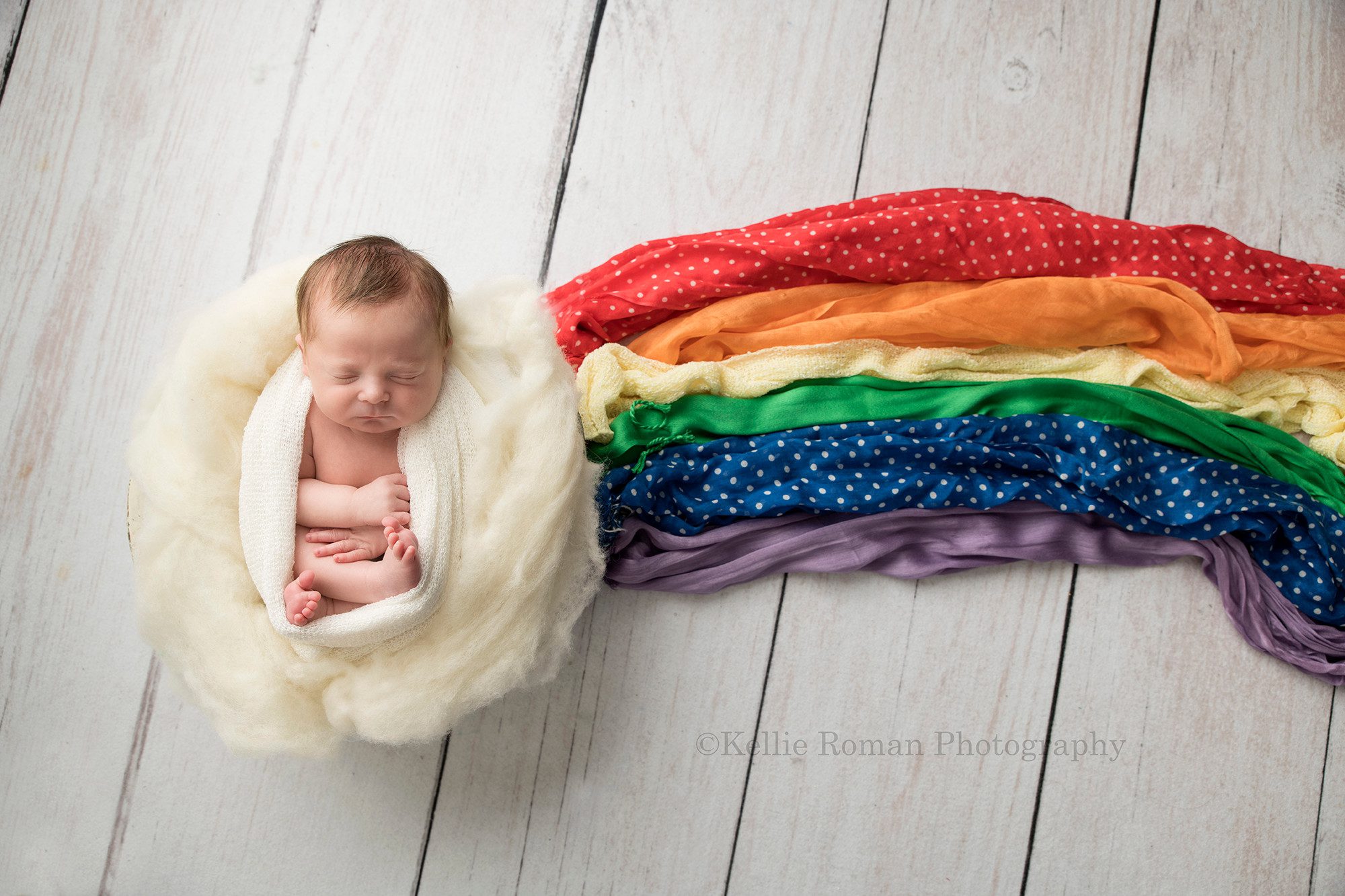 grandmas bunny a newborn baby boy in a Milwaukee photography studio. Baby boy is from kenosha Wisconsin he is a rainbow baby and is posed in an ivory wrap in a bucket with ivory fluff he has rainbow colored scarves going off to one side in a rainbow theme the shot is taken from above