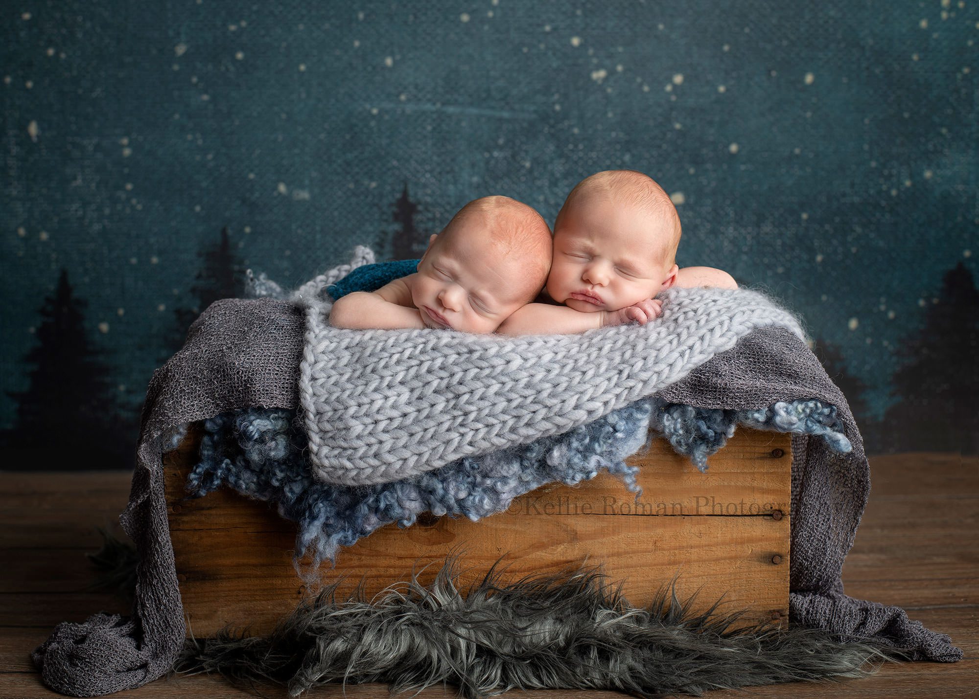 newborn twin pics twin newborn brothers posed with their chins on their arms upright in a wood crate the cate is filled with different grey and blue textured fabric the crate is on top of a wood floor and the backdrop is dark blue with stars and black pine trees both of the boys are sleeping in a milwaukee photo studio