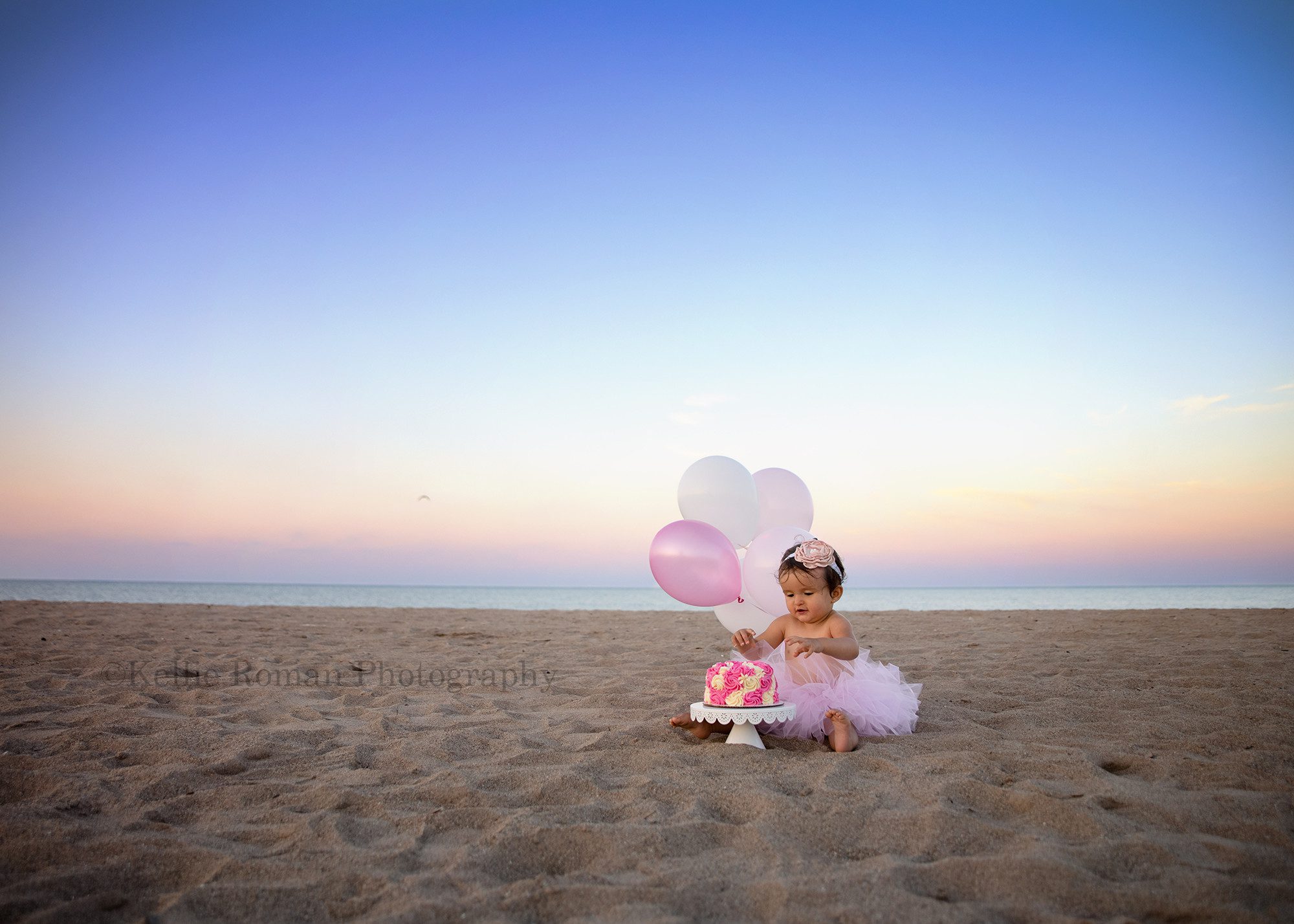 beach cake smash a wide angle shot of a one year old birthday girl sitting on a sandy beach in kenosha Wisconsin she is wearing a pink tutu sitting next to a pink and white frosted cake on a white cake stand the sky is shades of pastel pinks and purples above the water behind her