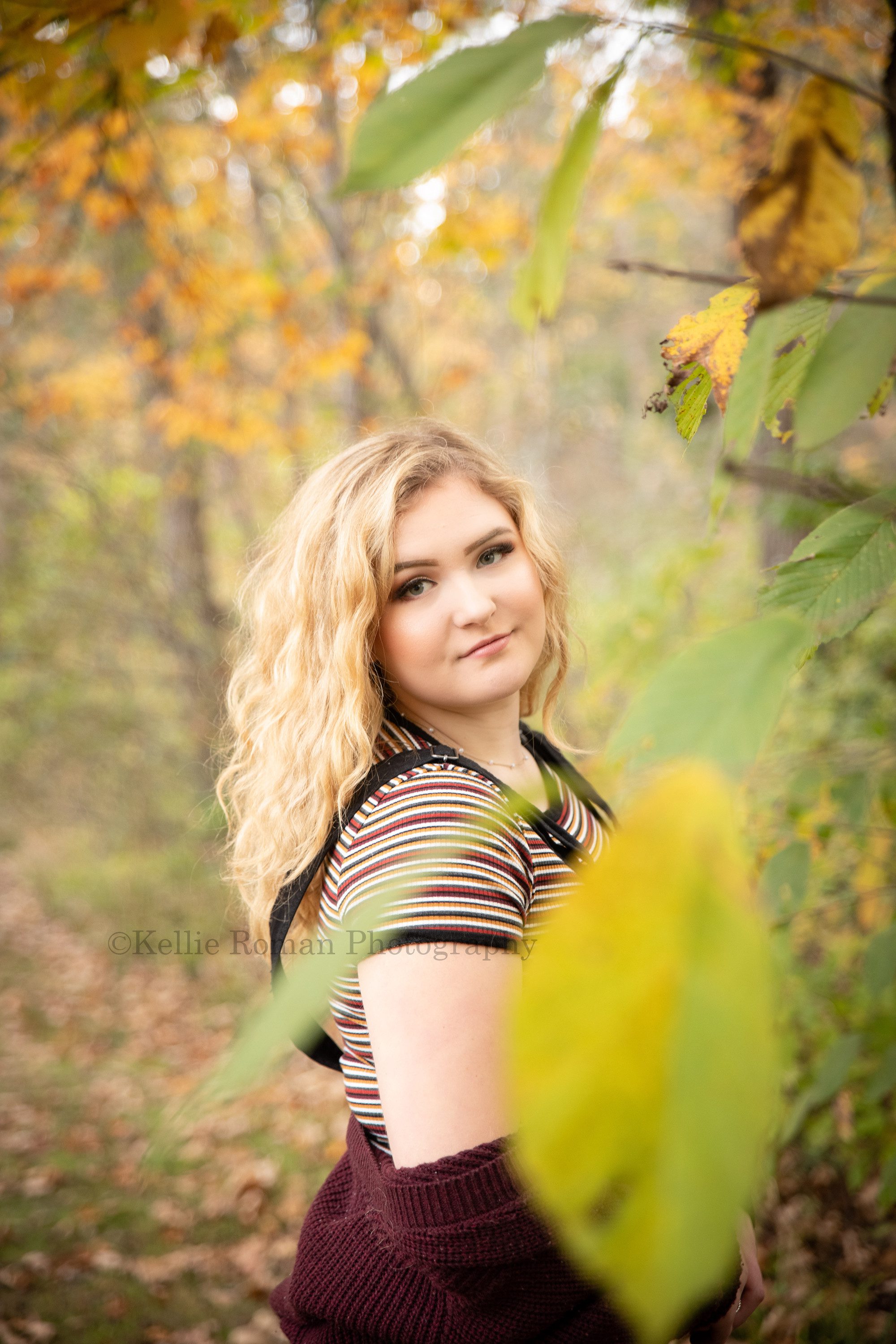 milwaukee senior photographer a young girl in high school in kenosha Wisconsin park she's wearing a black dress with a burgundy sweater down around her arms she's standing behind yellow leaves and is looking into the camera she has blonde hair and blue eyes