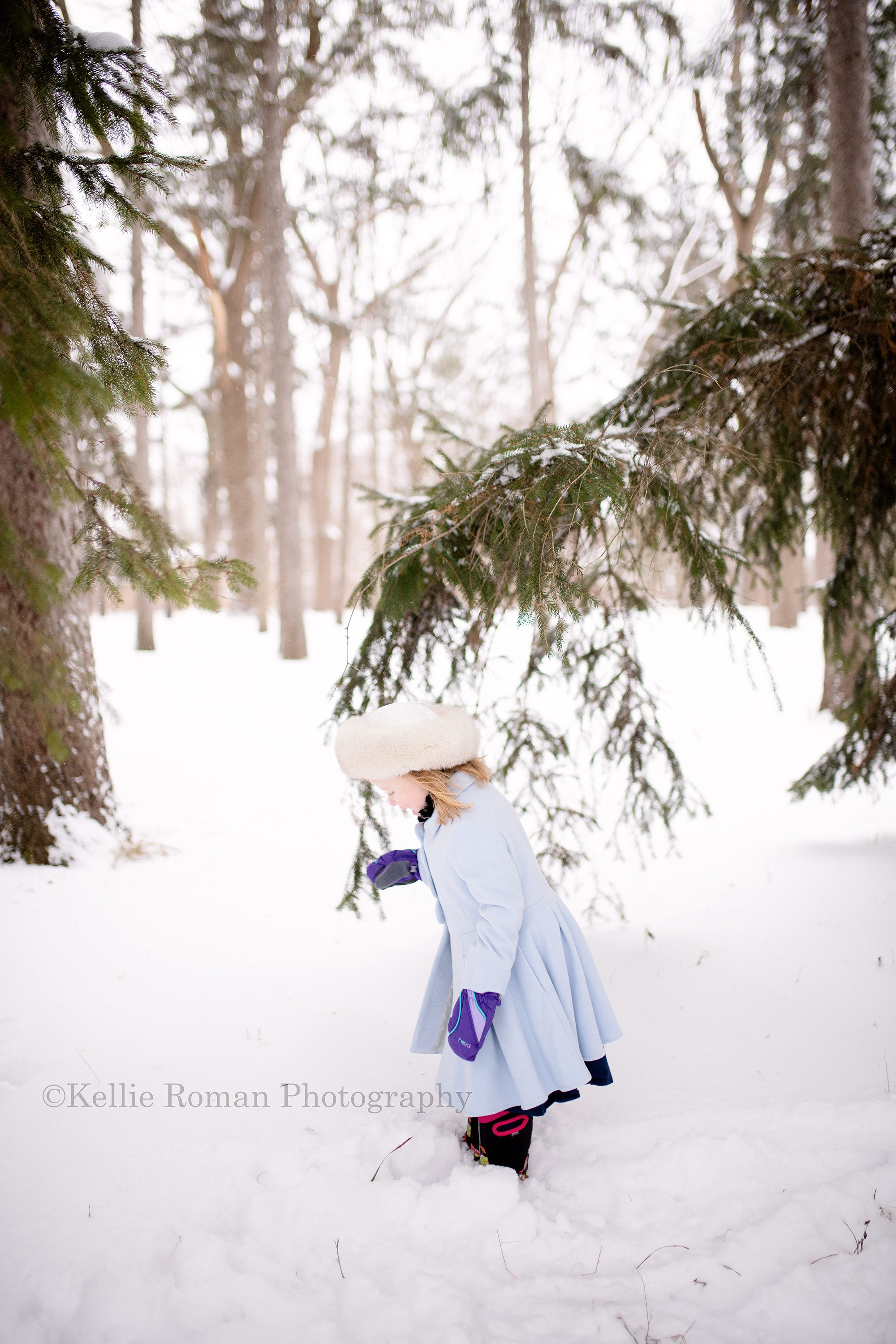 milwaukee snowfall a little girl is standing in a lot of fresh snow in a milwaukee park she is looking down at the Snow White wearing a blue peacoat, boots, mittens, and a white fur hat. She is among lots of tall snow covered pine trees.