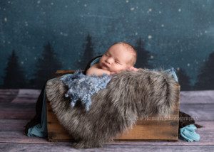 studio newborn session a baby boy is in a milwaukee photographers studio he's posed upright with his chin resting on his hands in a brown wood box. The box is filled with layers of brown fur and blue fabric. The backdrop is outdoor night sky with pine trees, and the floor is dark brown.