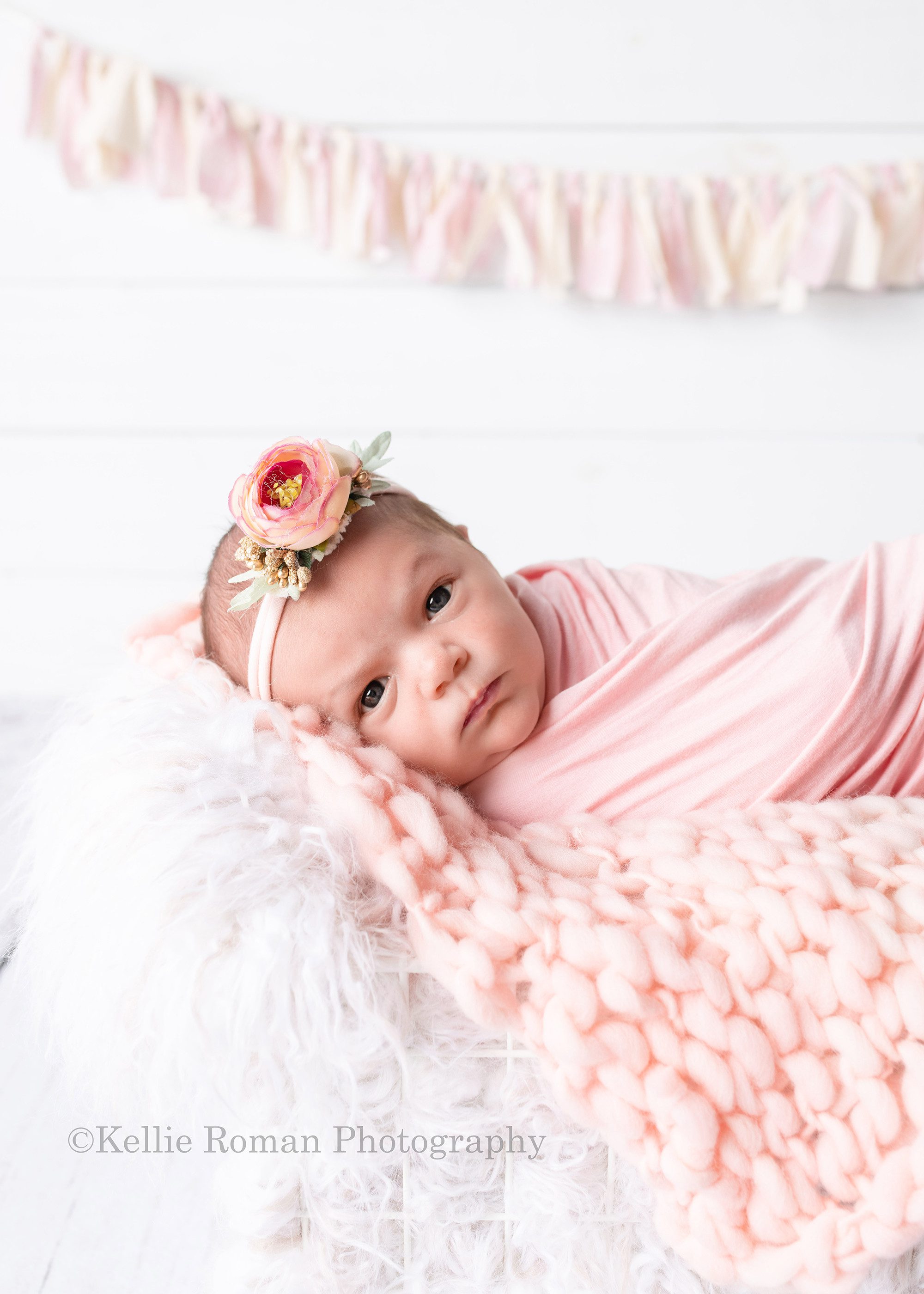 milwaukee studio newborn photographer. A infant baby girl is in a milwaukee photographers studio in greendale Wisconsin. The baby is wrapped in a light pink swaddle fabric, and is laying in a white wire crate filled with white fur and a pink knitted blanket. The baby girl has a flower headband on and is awake looking into the camera.